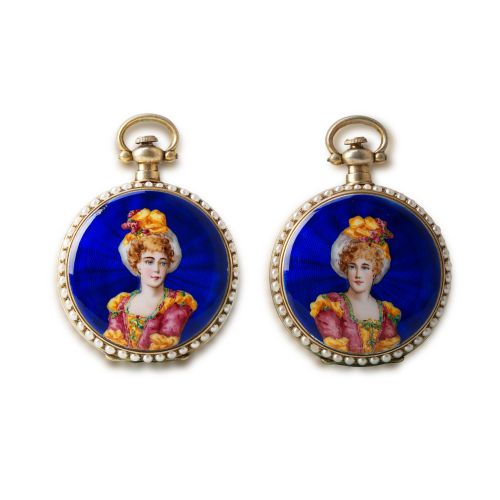A Pair of J. Ullmann & Co. Chinese Market Enamel Painting Pocket Watches