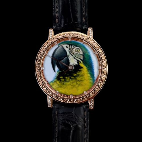 18K Gold Painted Enamel Engraved Case Wristwatch (Blue-and-Yellow Macaw)
