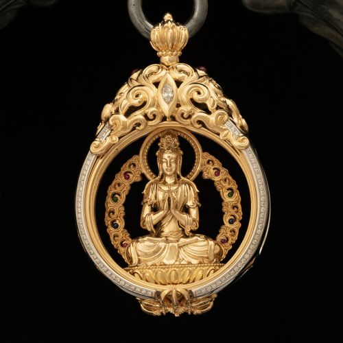 Bejeweled Gold Miniature Sculpture of the Guanyin Bodhisattva Pendant Necklace