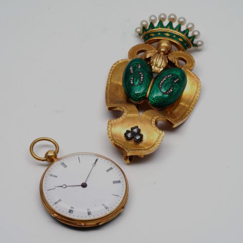 19th Century Gold Enamel Fob Watch Set with Pearl