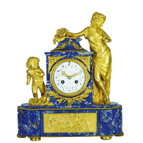 ​19th Century French Gilt Bronze and Lapis Lazuli Figural Mantel Clock