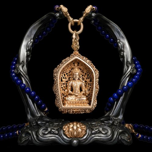 Bejeweled Gold Miniature Sculpture of the Amitabha Buddha Pendant Necklace