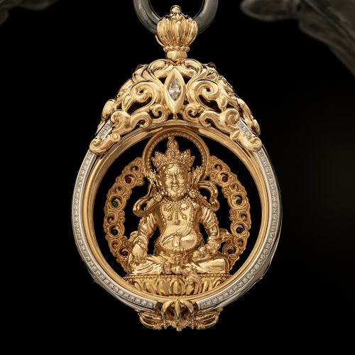 Bejeweled Gold Miniature Sculpture of the Yellow Jambhala Pendant Necklace