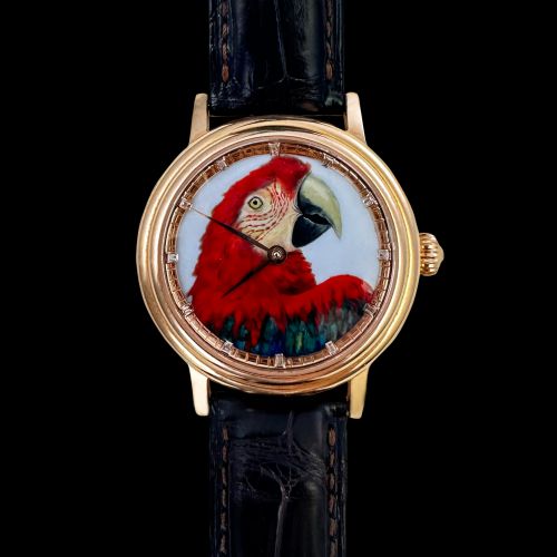 18K Gold Painted Enamel Wristwatch (Scarlet Macaw)