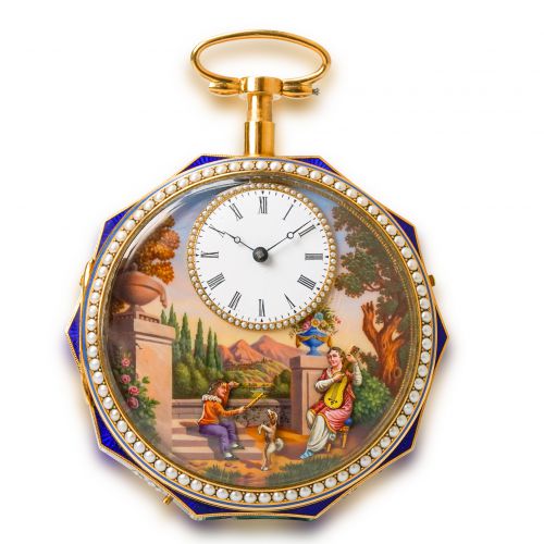 18K Gold Decagonal-shaped Enamel Painting Pocket Watch with Three Automaton