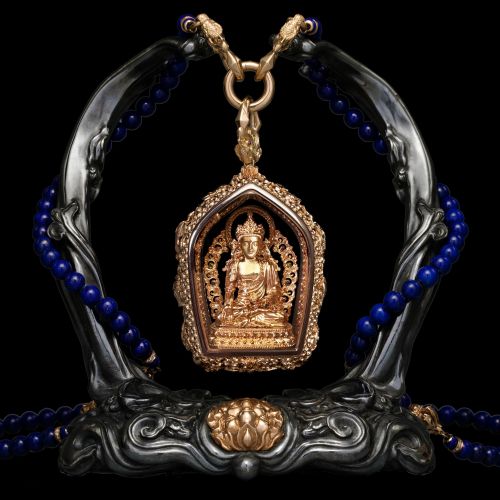 Bejeweled Gold Miniature Sculpture of the Medicine Buddha Pendant Necklace