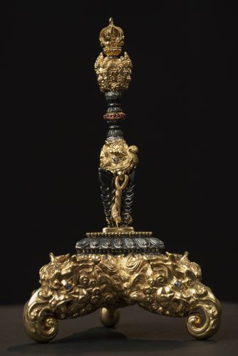 Miniature Bejeweled Gold Three-Faced Buddha Phurba with Vajra