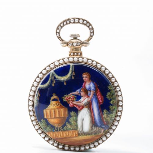 19th Century Chinese Market Gilt Brass Painted Enamel Pocket Watch