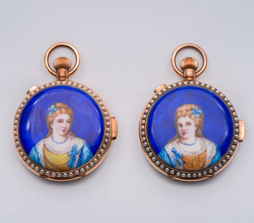 Pair of Enamel Minute Repeating and chronograph Chinese Market Pocket Watch