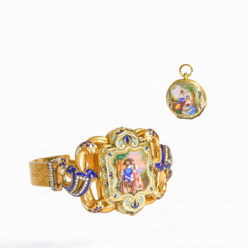 19th Century Gold and Painted Enamel Bracelet Fitted with Watch