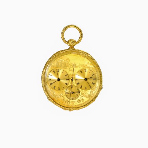 十九世紀金雕雙時區開面懷錶