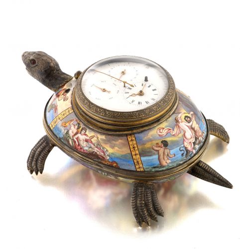 十九世纪珐琅银鎏金龟型台钟