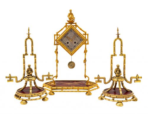 铜鎏金竹节状三件套座钟